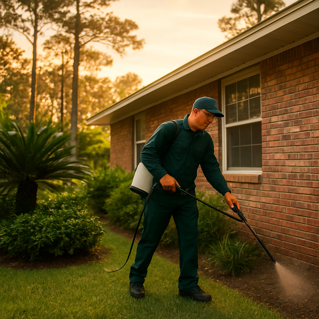 Pest control technician treating a Florida home exterior